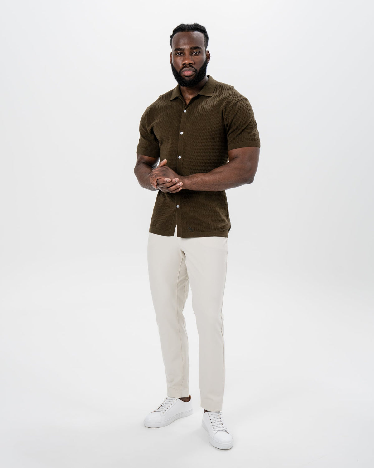 State & Liberty - Textured Knit Short Sleeve Button Down - Olive