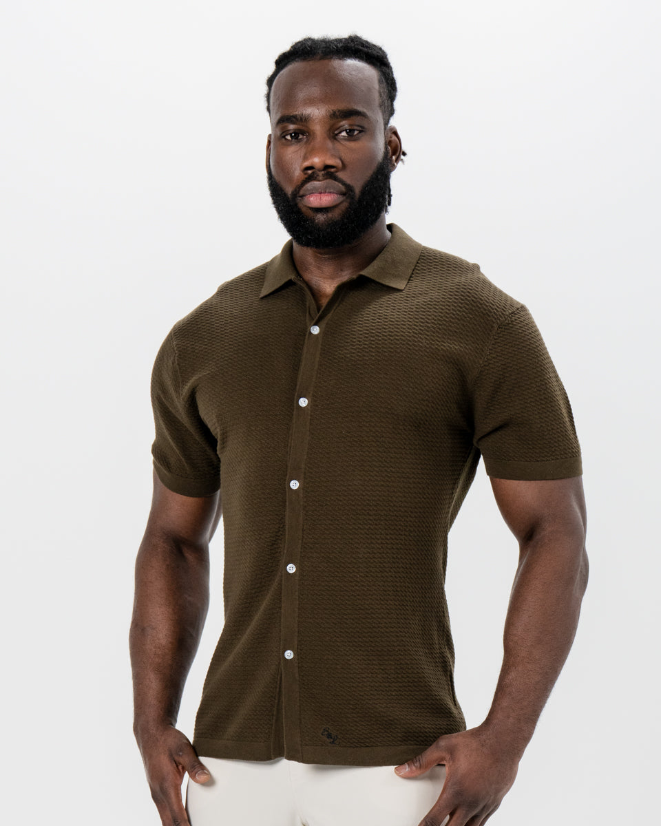 State & Liberty - Textured Knit Short Sleeve Button Down - Olive