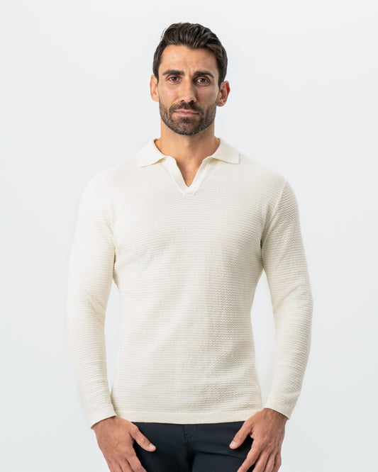 State & Liberty - Textured Buttonless Long Sleeve Polo - Tan