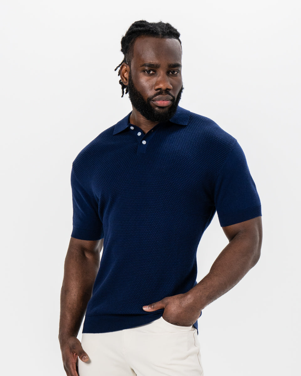 State & Liberty - Textured Knit Cashmere Polo - Navy