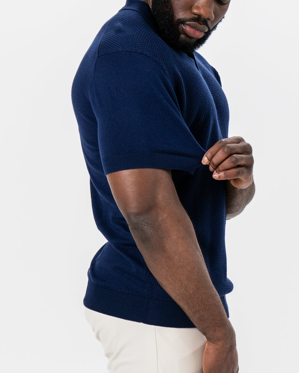 State & Liberty - Textured Knit Cashmere Polo - Navy