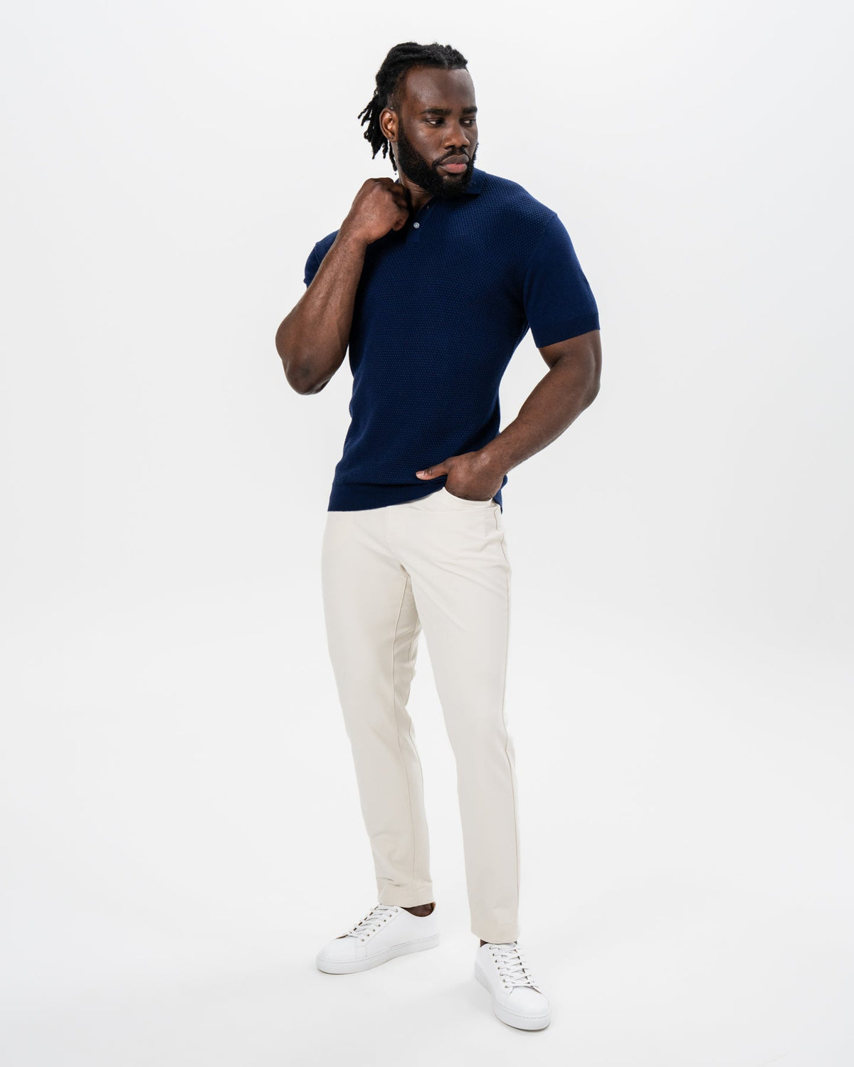 State & Liberty - Textured Knit Cashmere Polo - Navy