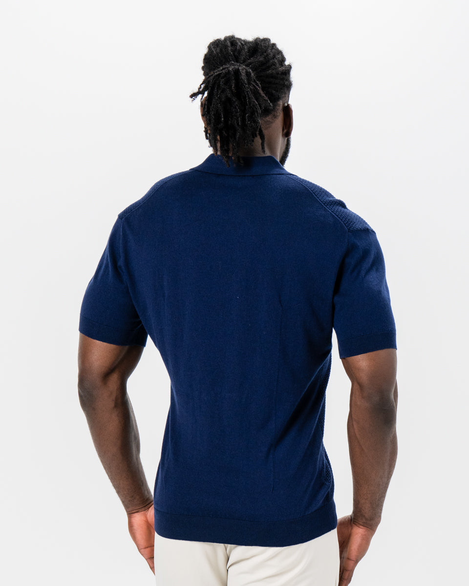 State & Liberty - Textured Knit Cashmere Polo - Navy