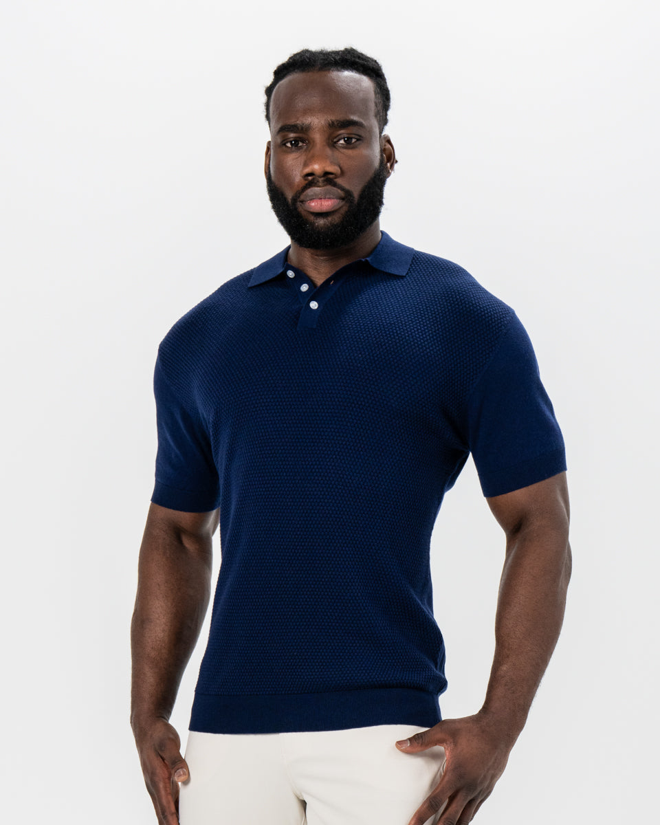 State & Liberty - Textured Knit Cashmere Polo - Navy