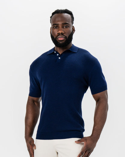 State & Liberty - Textured Knit Cashmere Polo - Navy