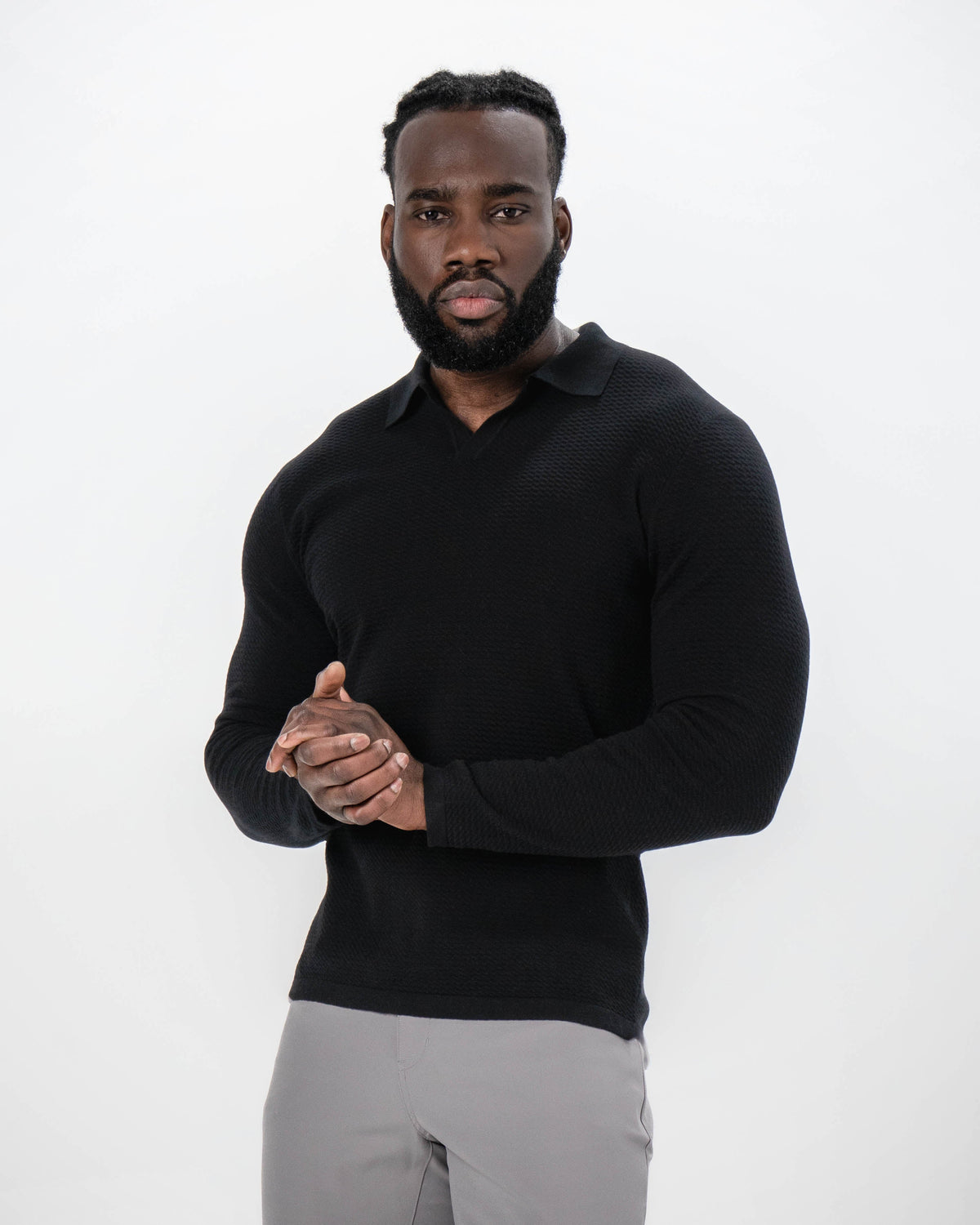 State & Liberty - Textured Buttonless Long Sleeve Polo - Black