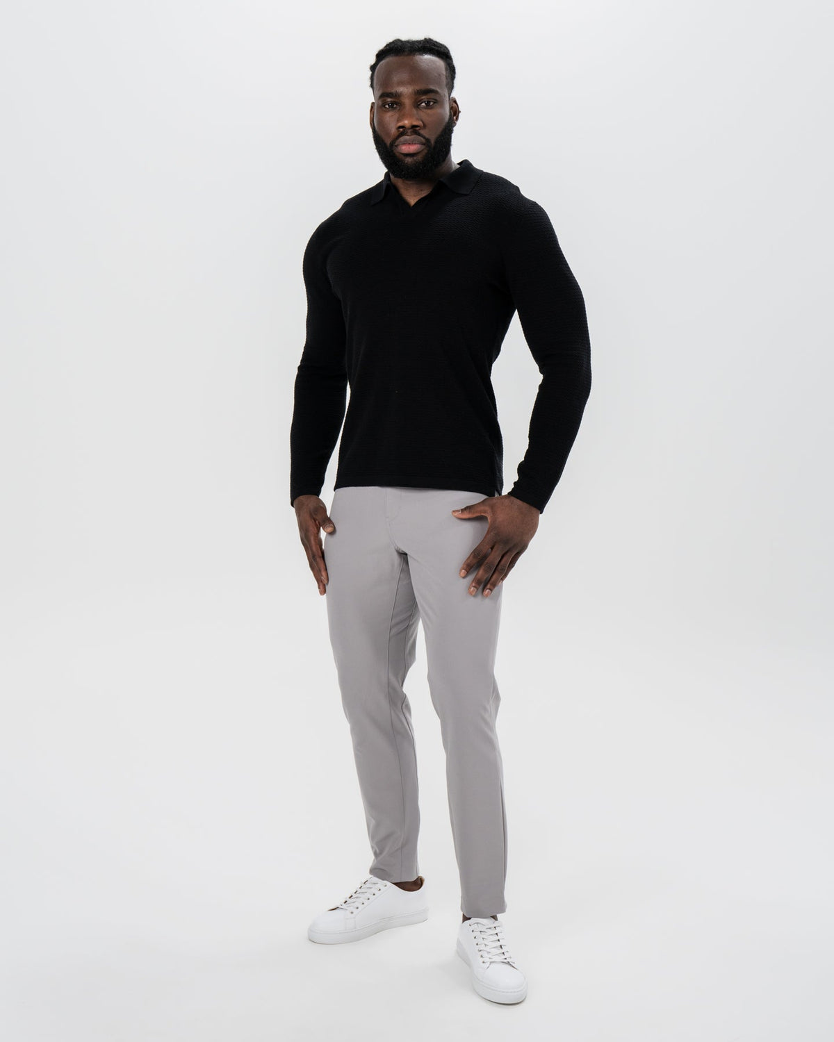 State & Liberty - Textured Buttonless Long Sleeve Polo - Black
