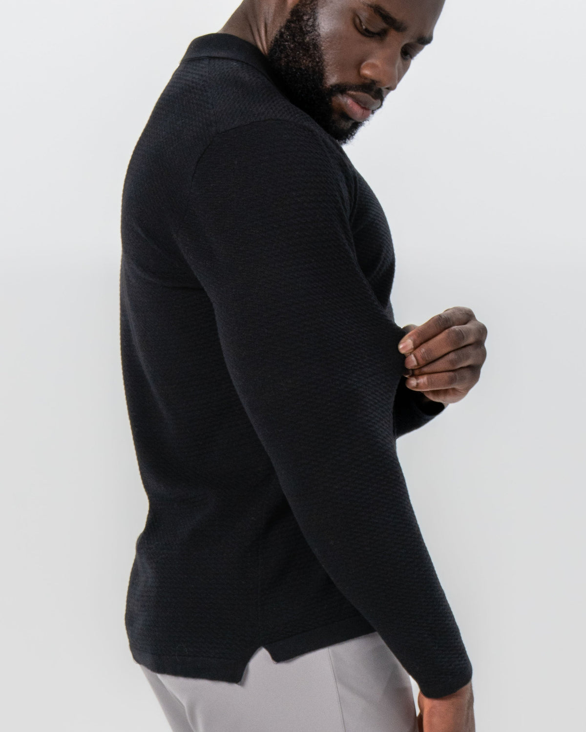 State & Liberty - Textured Buttonless Long Sleeve Polo - Black
