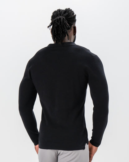 State & Liberty - Textured Buttonless Long Sleeve Polo - Black