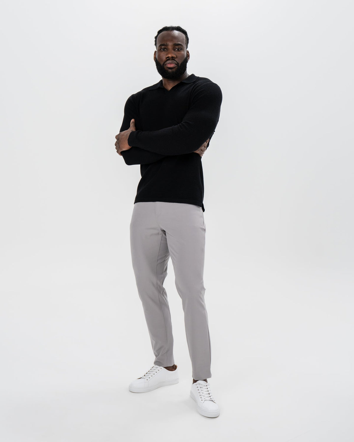 State & Liberty - Textured Buttonless Long Sleeve Polo - Black