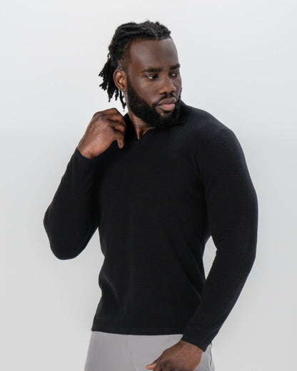 State & Liberty - Textured Buttonless Long Sleeve Polo - Black