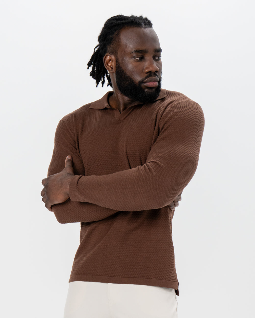 State & Liberty - Textured Buttonless Long Sleeve Polo - Brown