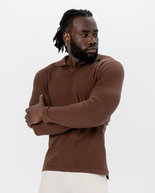 State & Liberty - Textured Buttonless Long Sleeve Polo - Brown