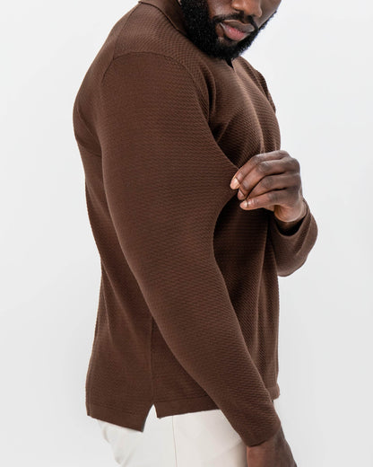 State & Liberty - Textured Buttonless Long Sleeve Polo - Brown