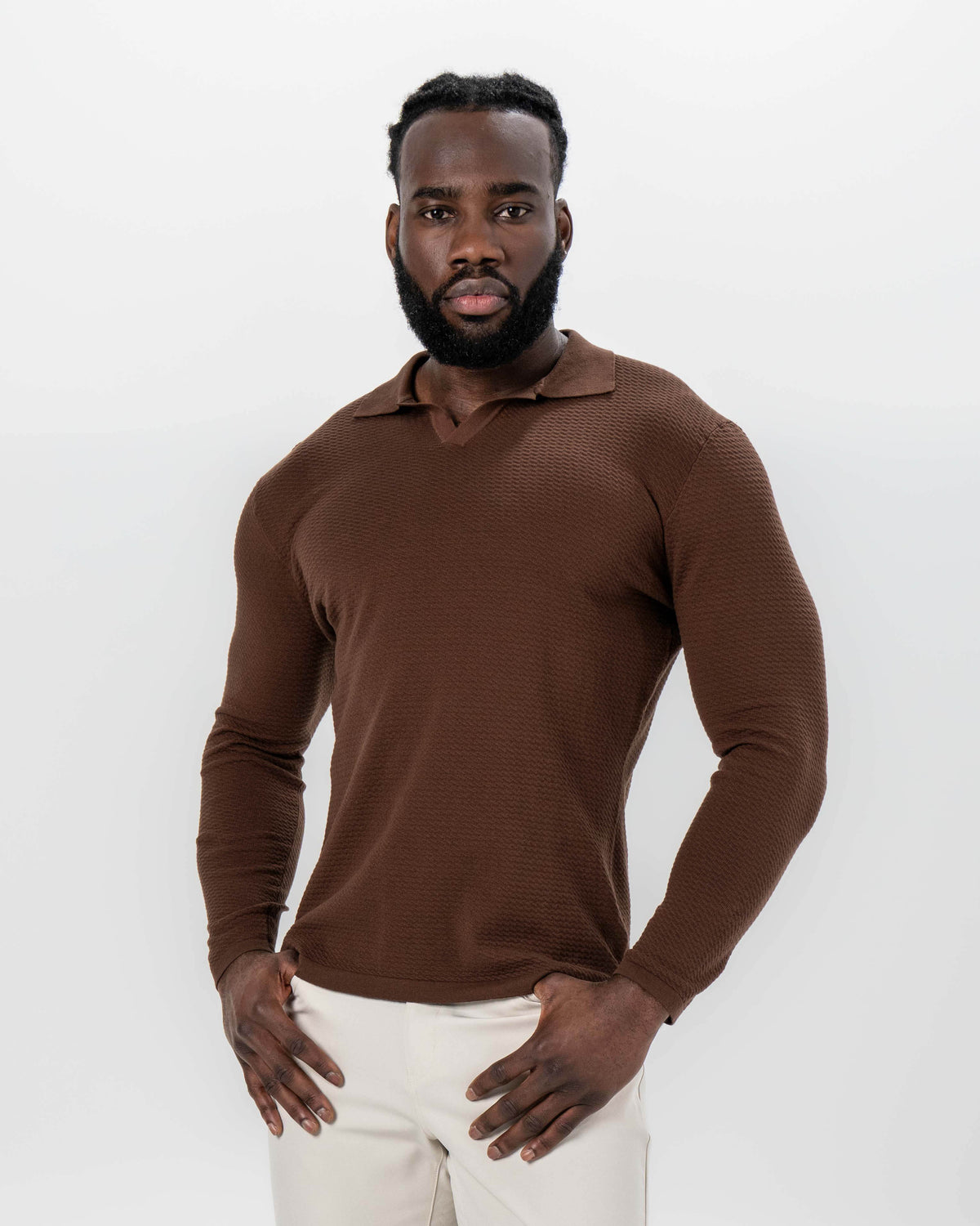State & Liberty - Textured Buttonless Long Sleeve Polo - Brown
