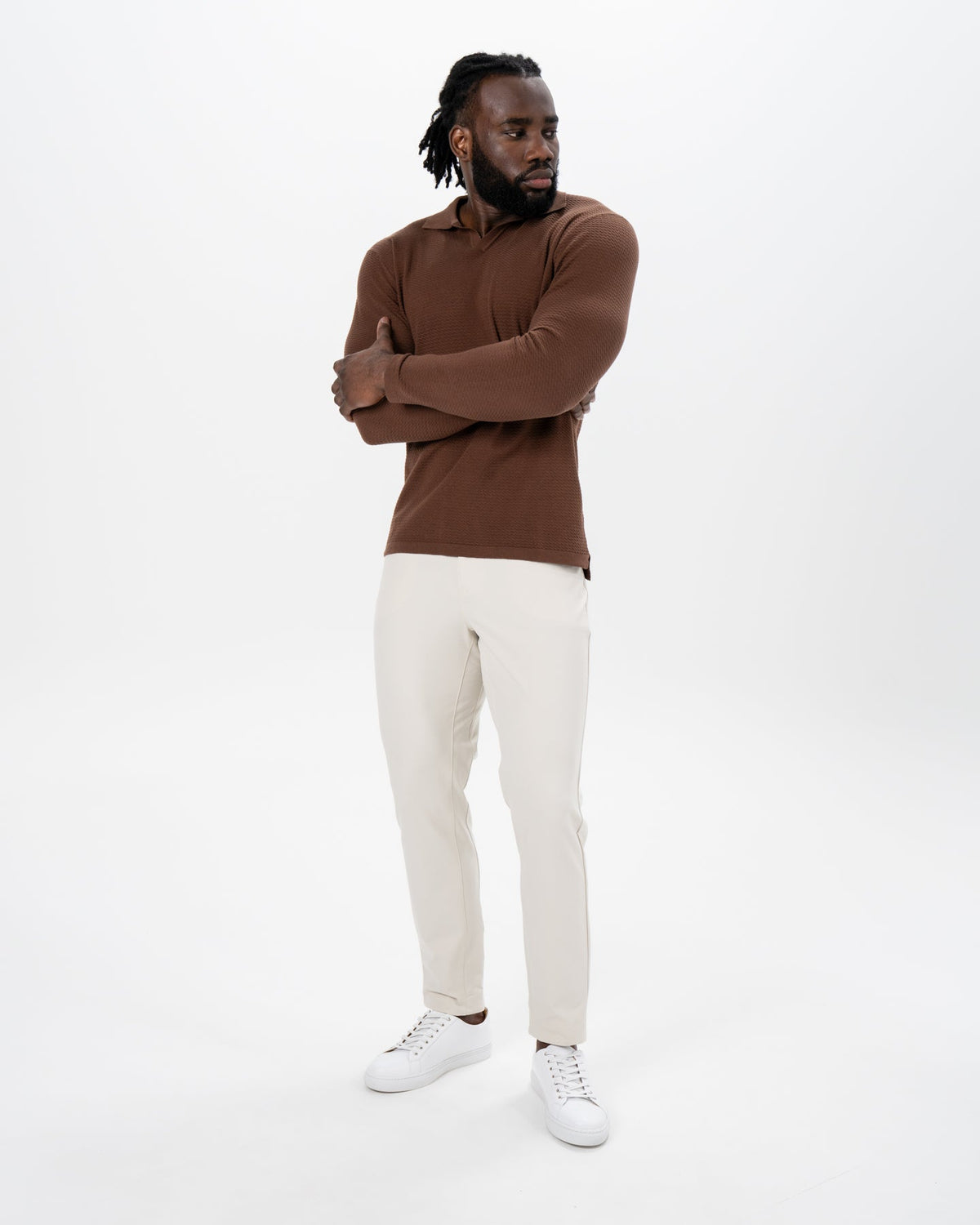 State & Liberty - Textured Buttonless Long Sleeve Polo - Brown