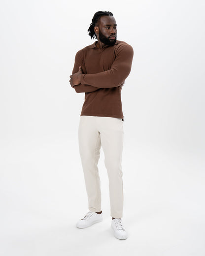 State & Liberty - Textured Buttonless Long Sleeve Polo - Brown