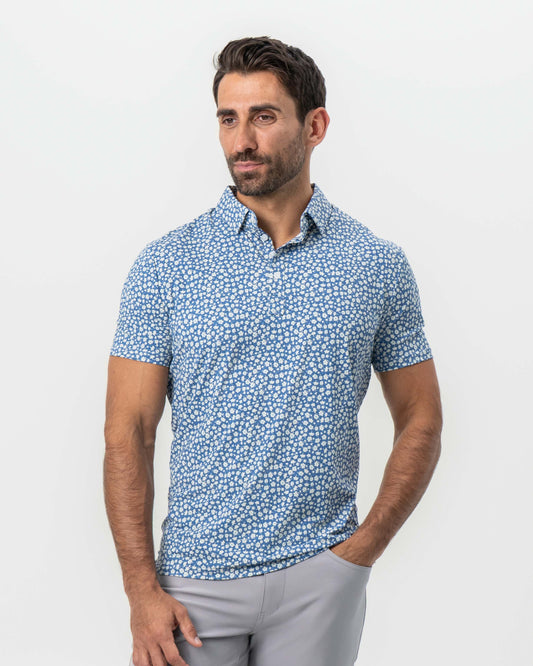State & Liberty - "The Ken" White & Light Blue Floral Print Polo
