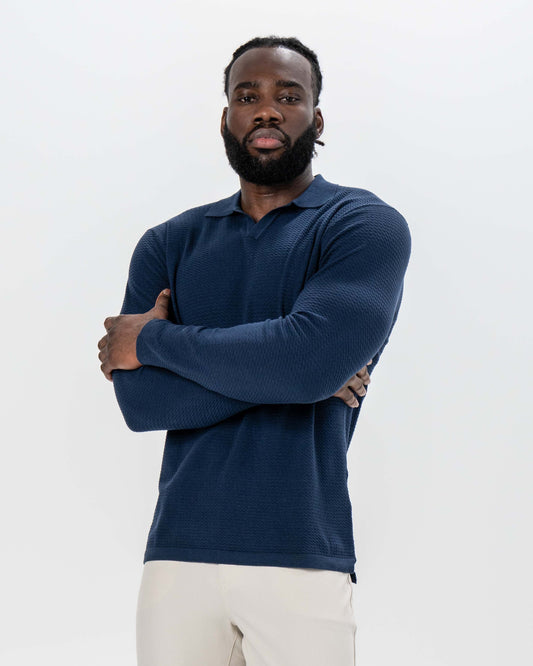 State & Liberty - Textured Buttonless Long Sleeve Polo - Navy