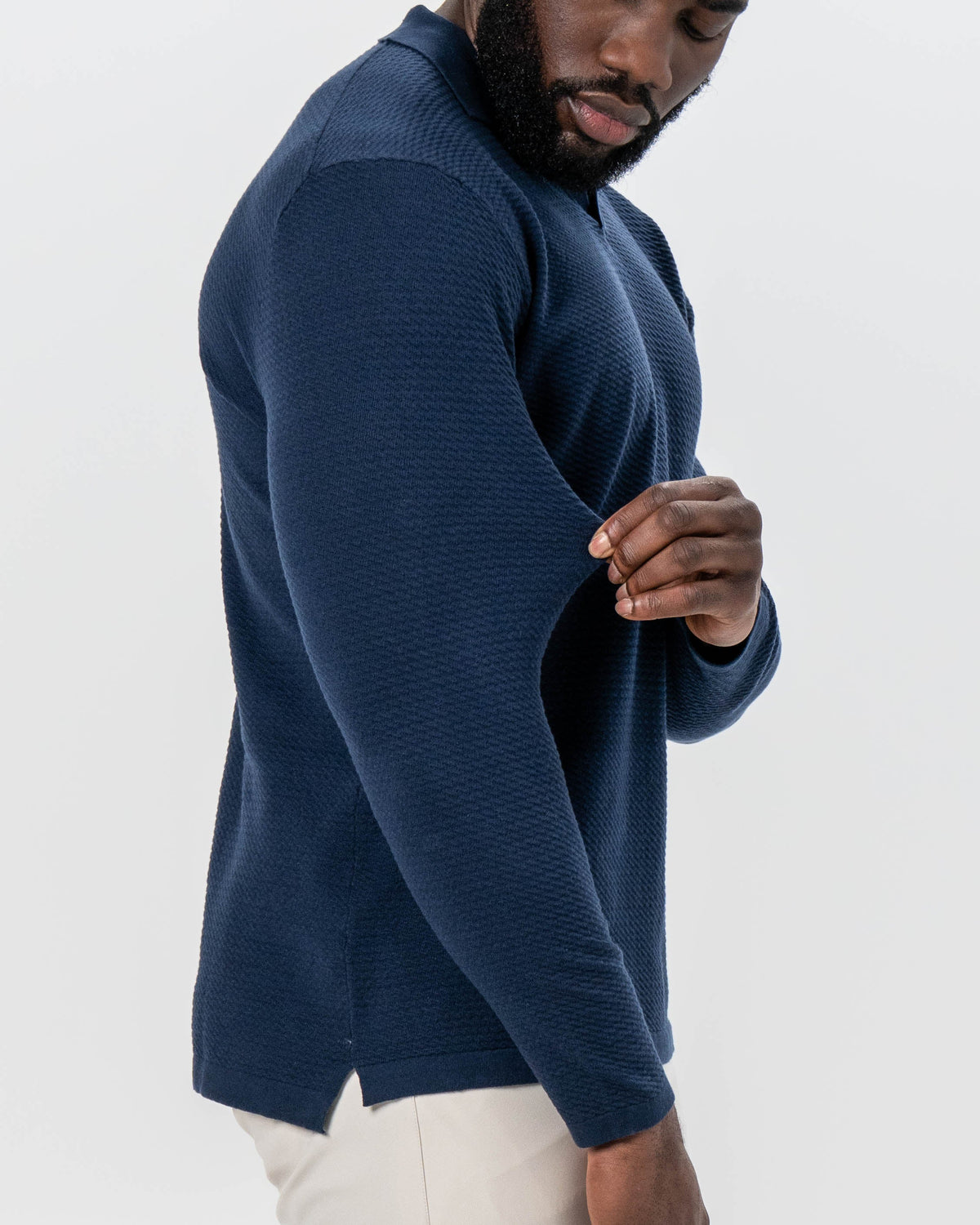 State & Liberty - Textured Buttonless Long Sleeve Polo - Navy