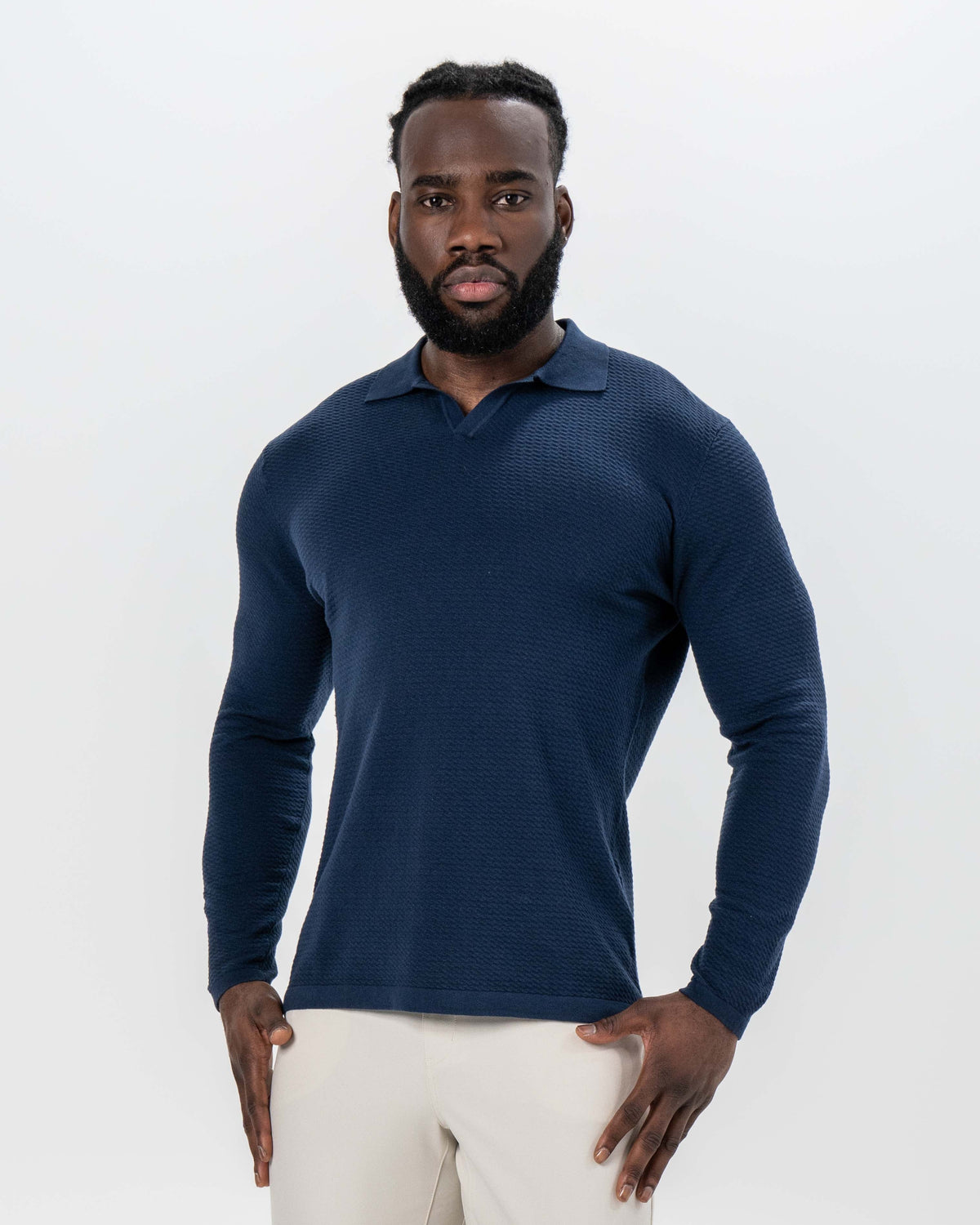 State & Liberty - Textured Buttonless Long Sleeve Polo - Navy