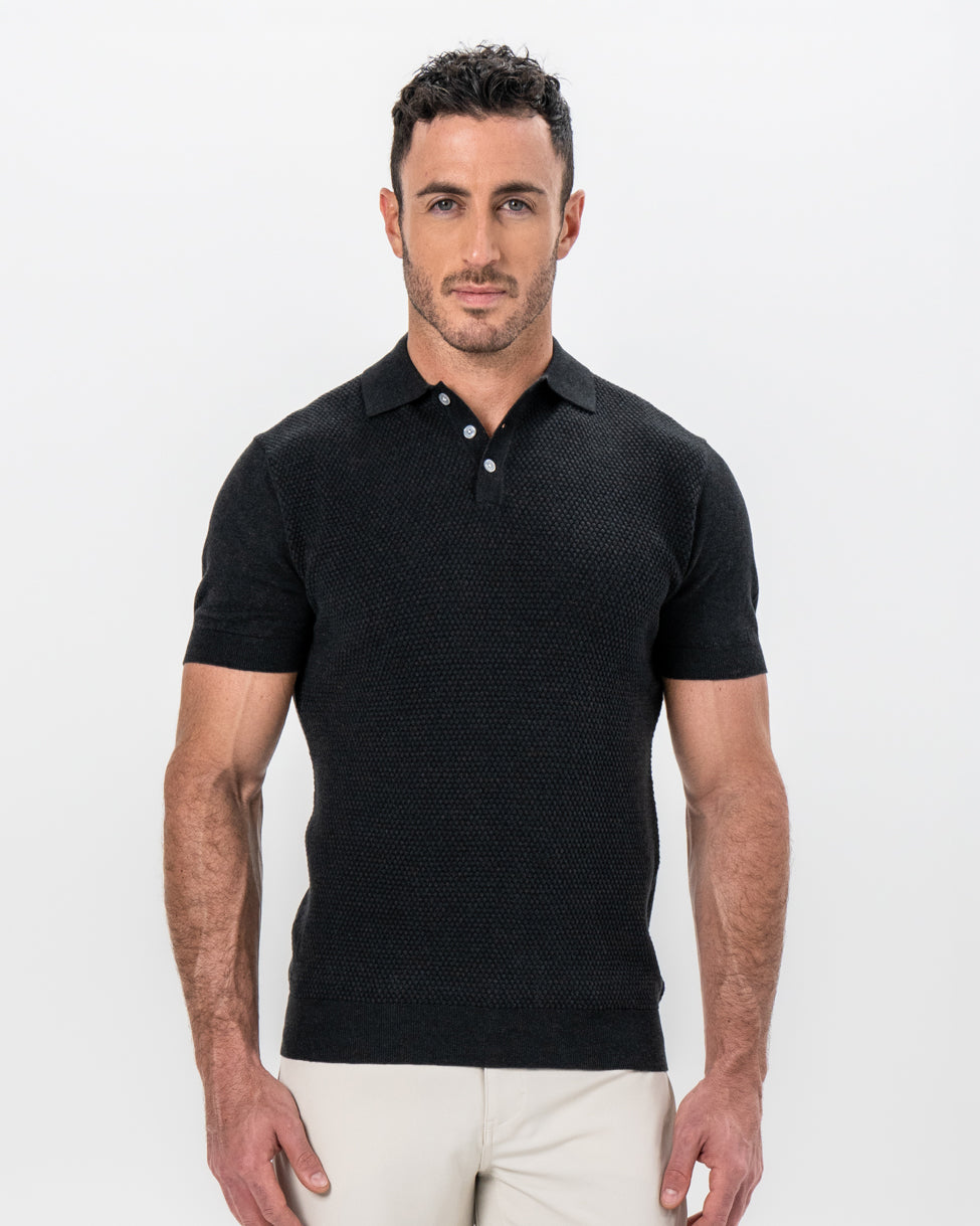 State & Liberty - Textured Knit Cashmere Polo - Charcoal