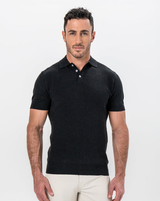State & Liberty - Textured Knit Cashmere Polo - Charcoal