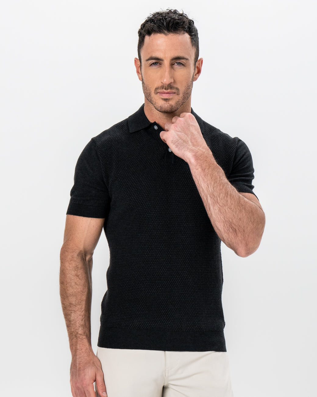 State & Liberty - Textured Knit Cashmere Polo - Charcoal