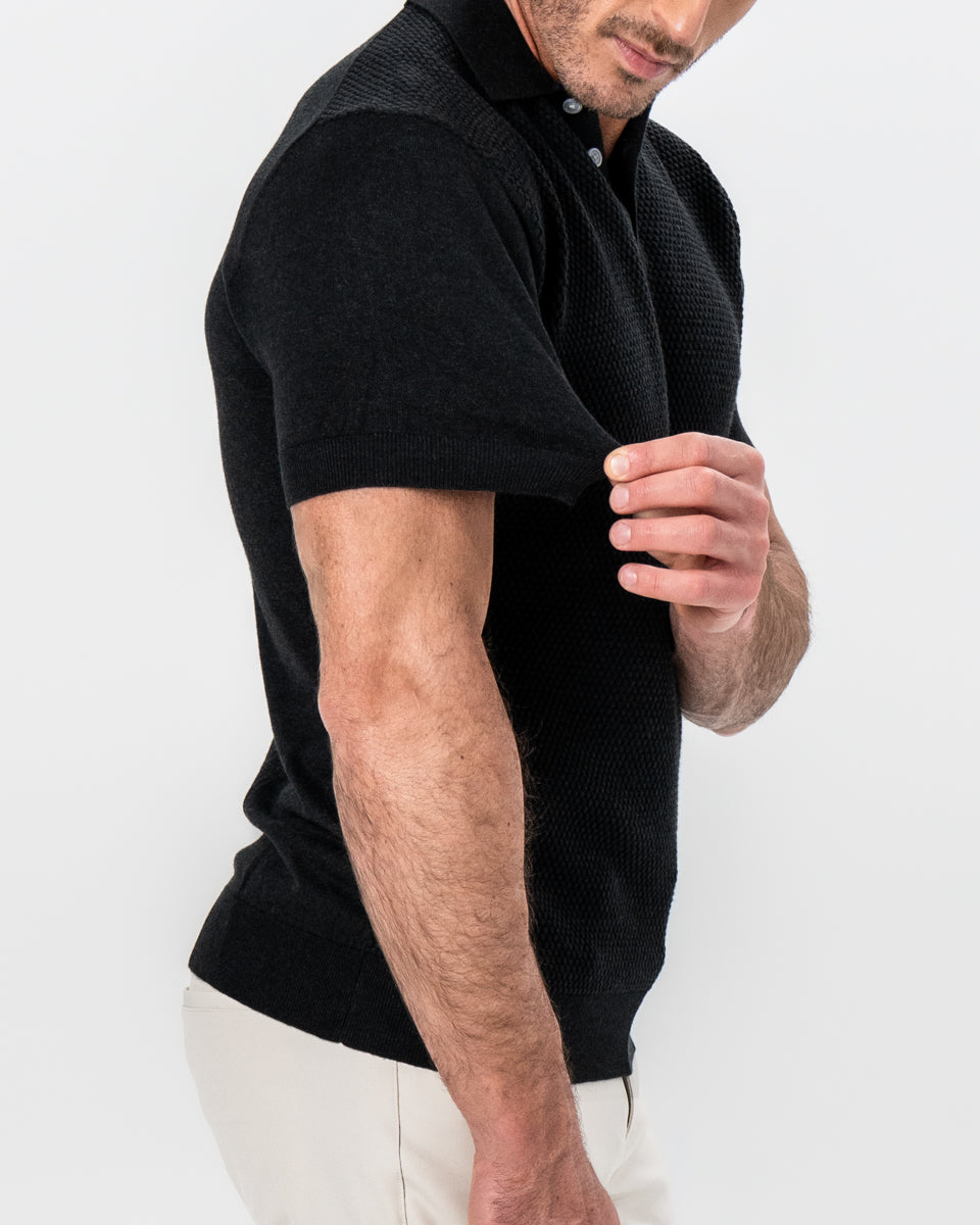 State & Liberty - Textured Knit Cashmere Polo - Charcoal