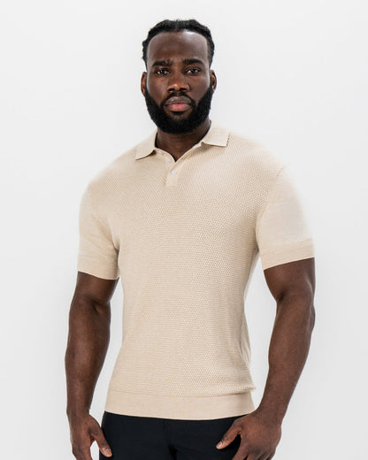 State & Liberty - Textured Knit Cashmere Polo - Sand