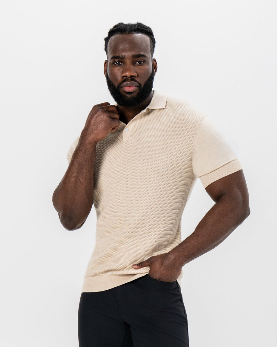 State & Liberty - Textured Knit Cashmere Polo - Sand
