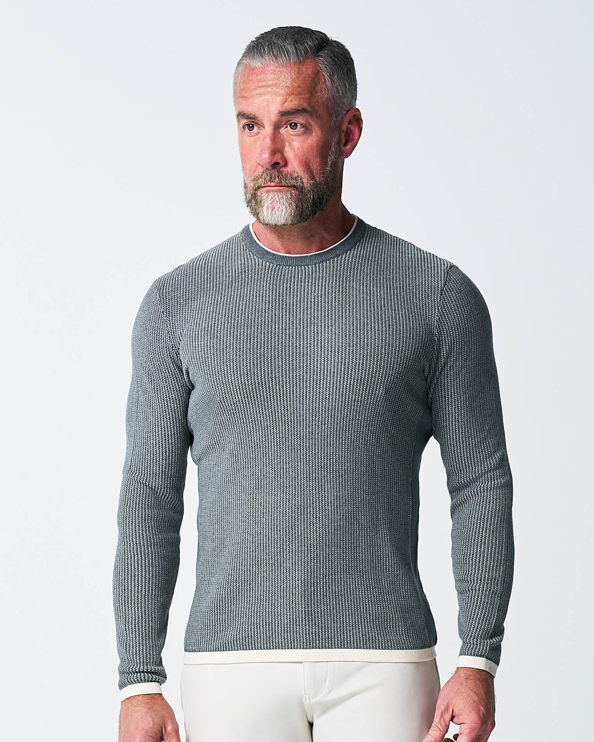 State & Liberty - Lightweight Ribbed Knit Crewneck Sweater - Dark Grey & Beige