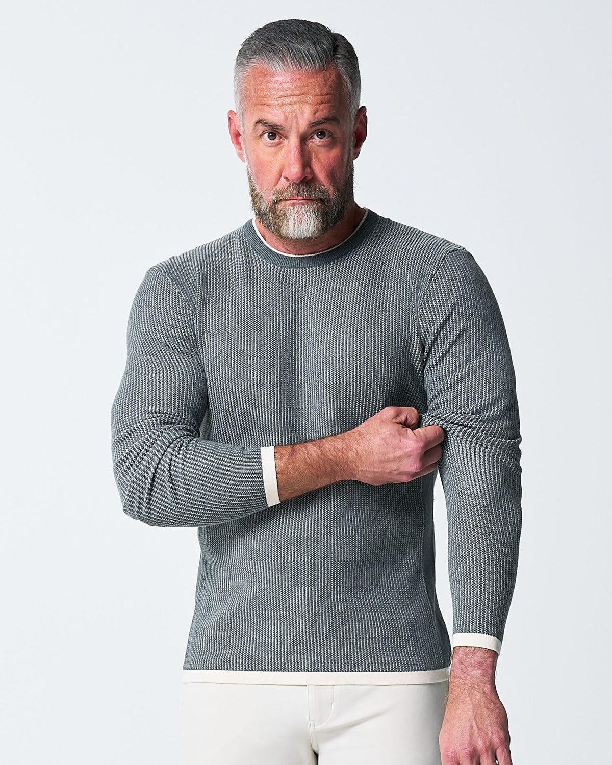 State & Liberty - Lightweight Ribbed Knit Crewneck Sweater - Dark Grey & Beige