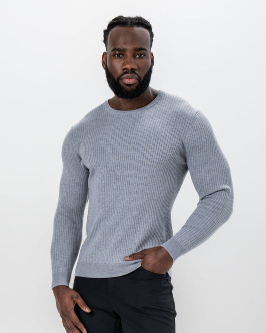 State & Liberty - Mid-Weight Ribbed Knit Crewneck Sweater - Light Grey