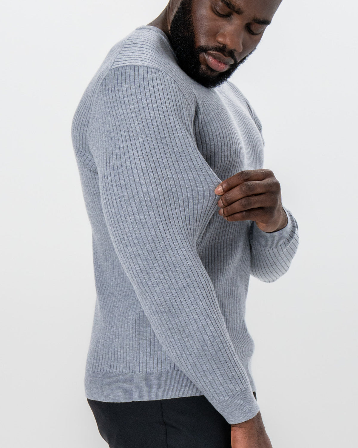 State & Liberty - Mid-Weight Ribbed Knit Crewneck Sweater - Light Grey