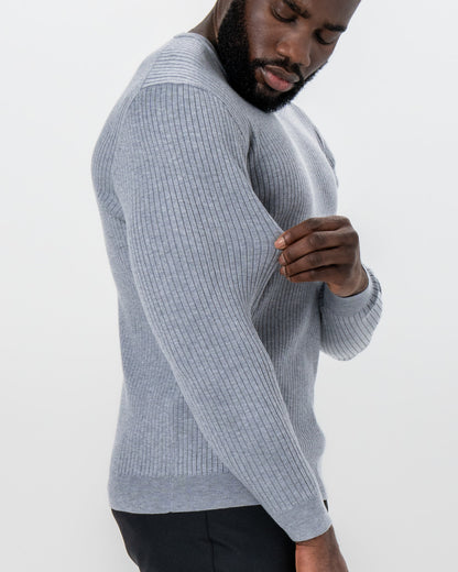 State & Liberty - Mid-Weight Ribbed Knit Crewneck Sweater - Light Grey