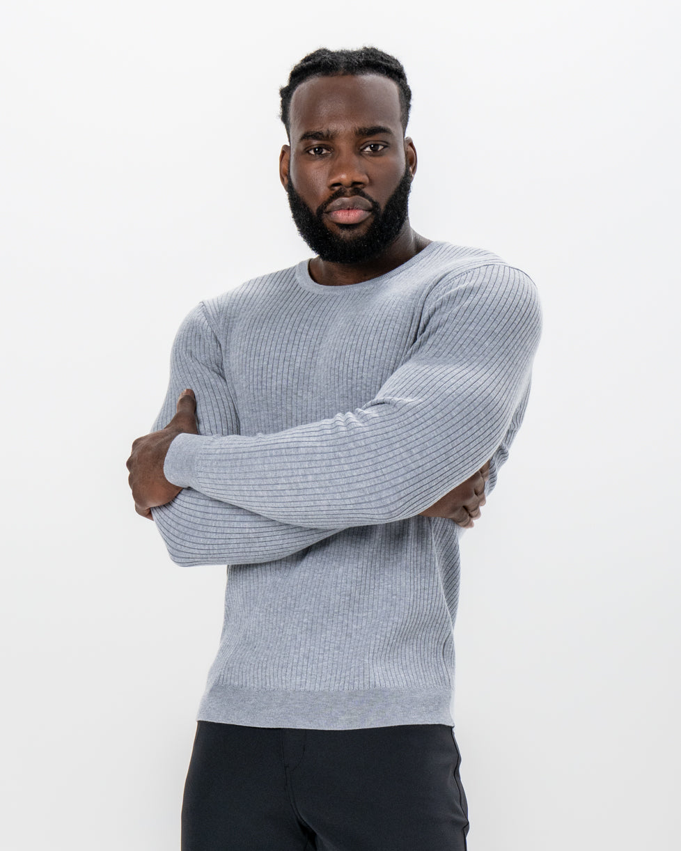 State & Liberty - Mid-Weight Ribbed Knit Crewneck Sweater - Light Grey