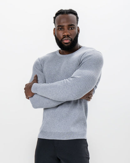 State & Liberty - Mid-Weight Ribbed Knit Crewneck Sweater - Light Grey