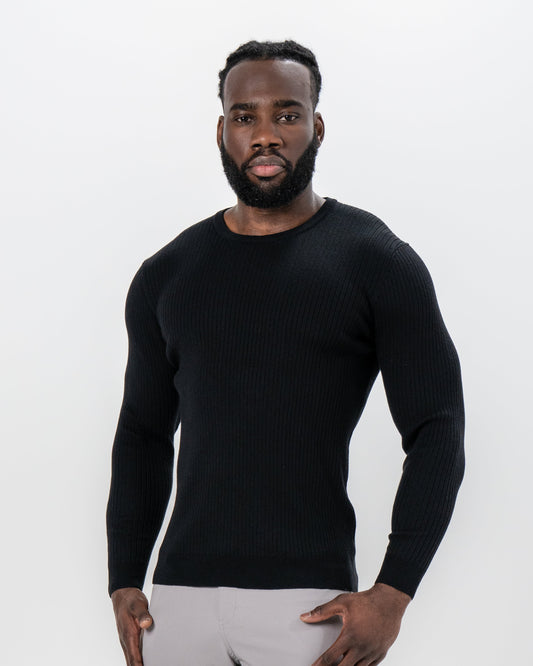 State & Liberty - Mid-Weight Ribbed Knit Crewneck Sweater - Black