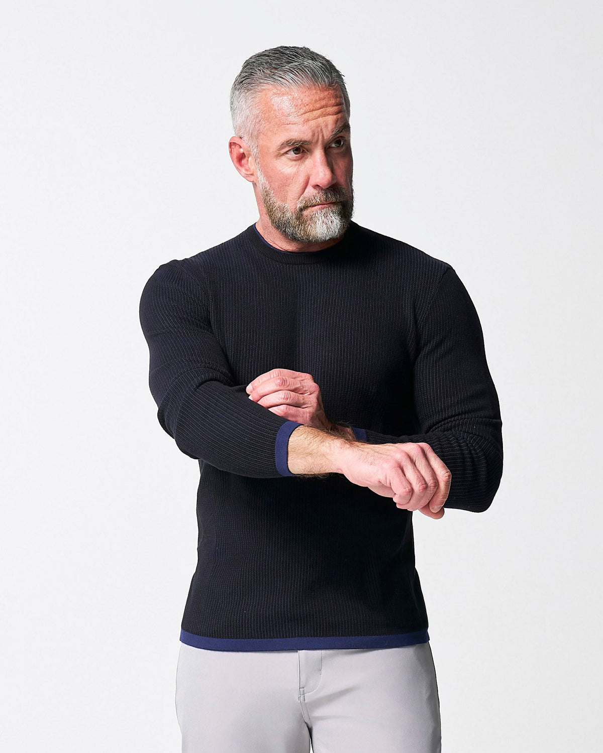 State & Liberty - Lightweight Ribbed Knit Crewneck Sweater - Navy & Black