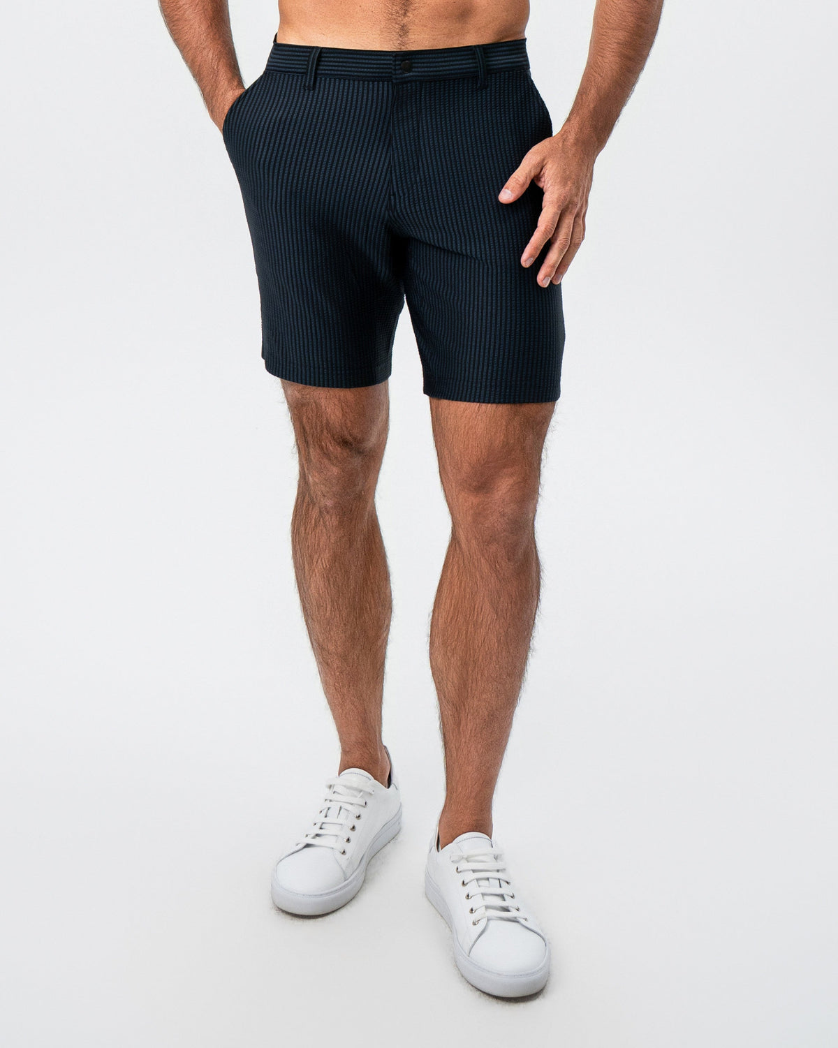 State & Liberty - Athletic Fit Shorts - Navy & Black Seersucker