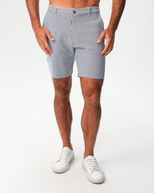 State & Liberty - Athletic Fit Shorts - Navy & White Seersucker