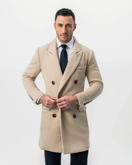 State & Liberty - Double Breasted Overcoat - Tan Herringbone