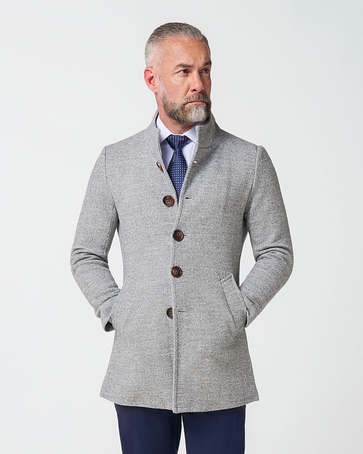 State & Liberty - Open Button Overcoat - Grey Herringbone