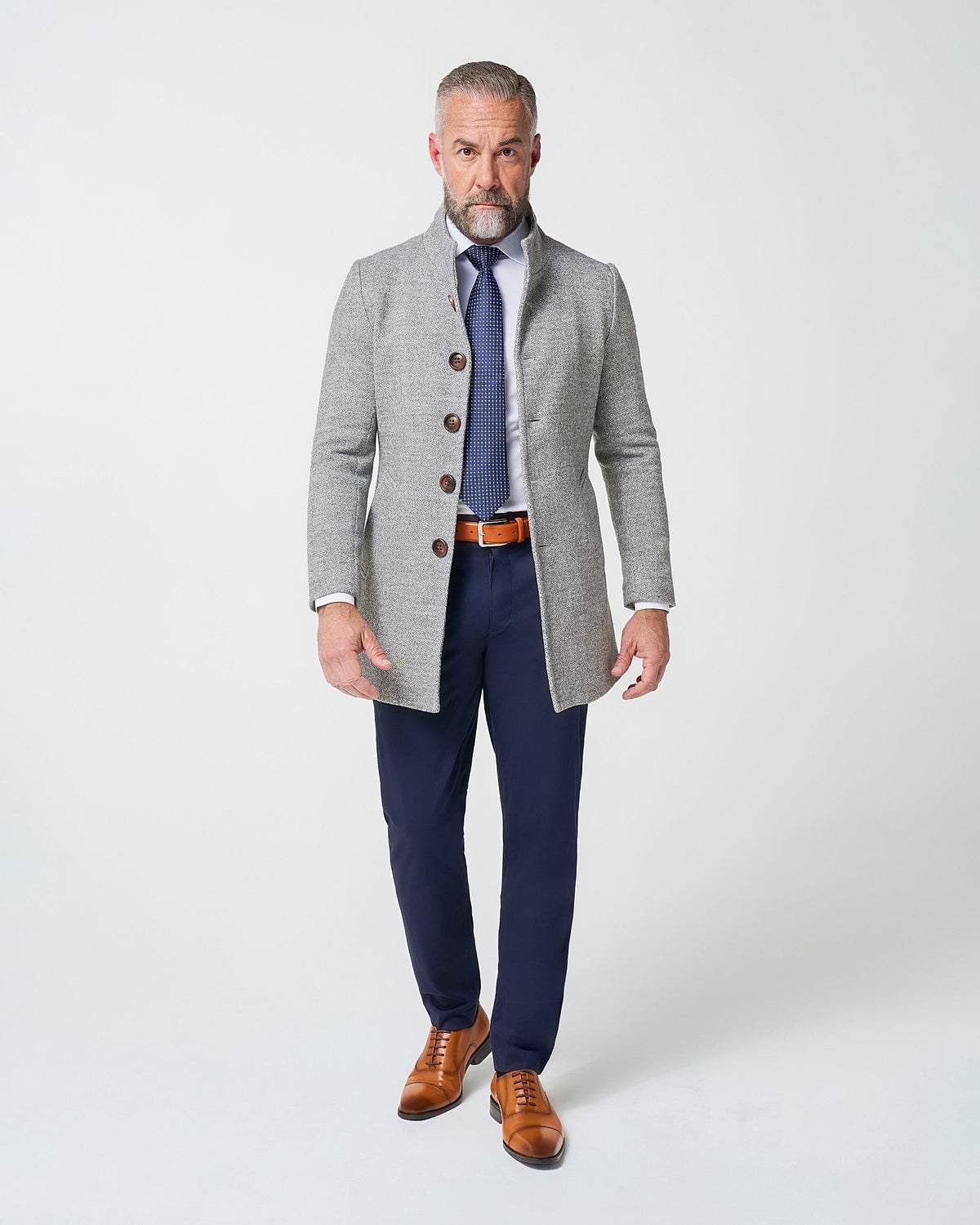 State & Liberty - Open Button Overcoat - Grey Herringbone
