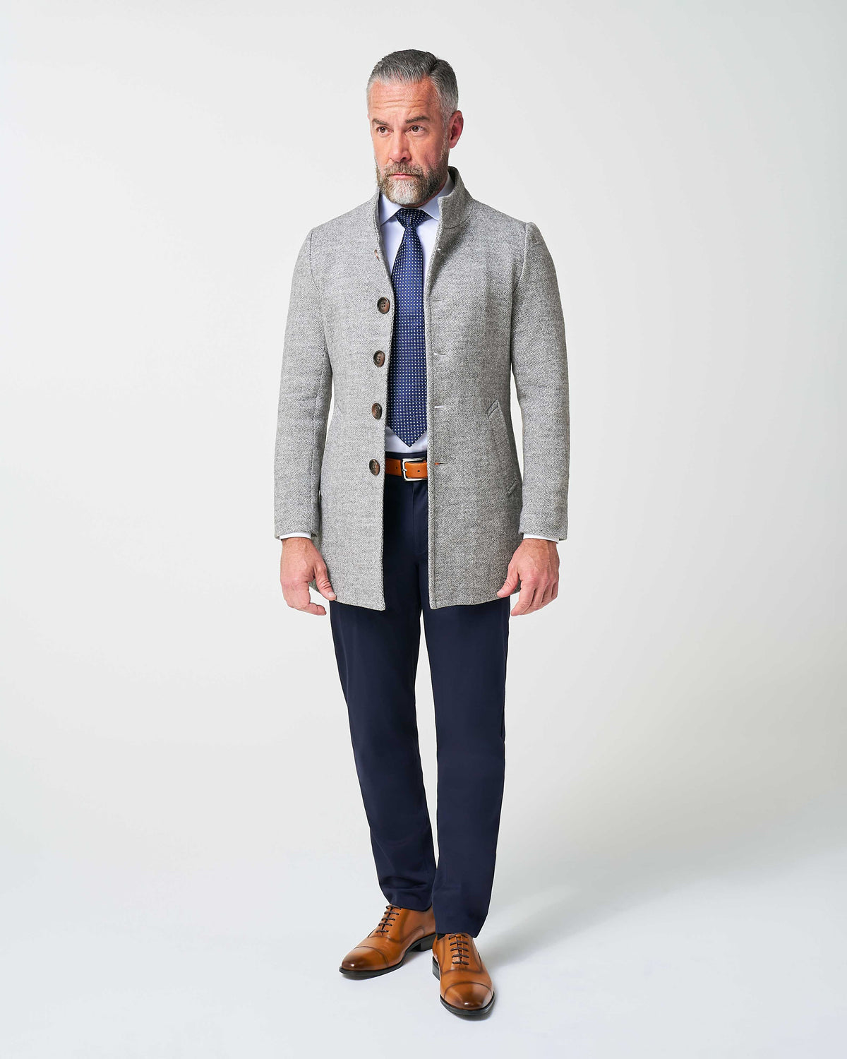 State & Liberty - Open Button Overcoat - Grey Herringbone
