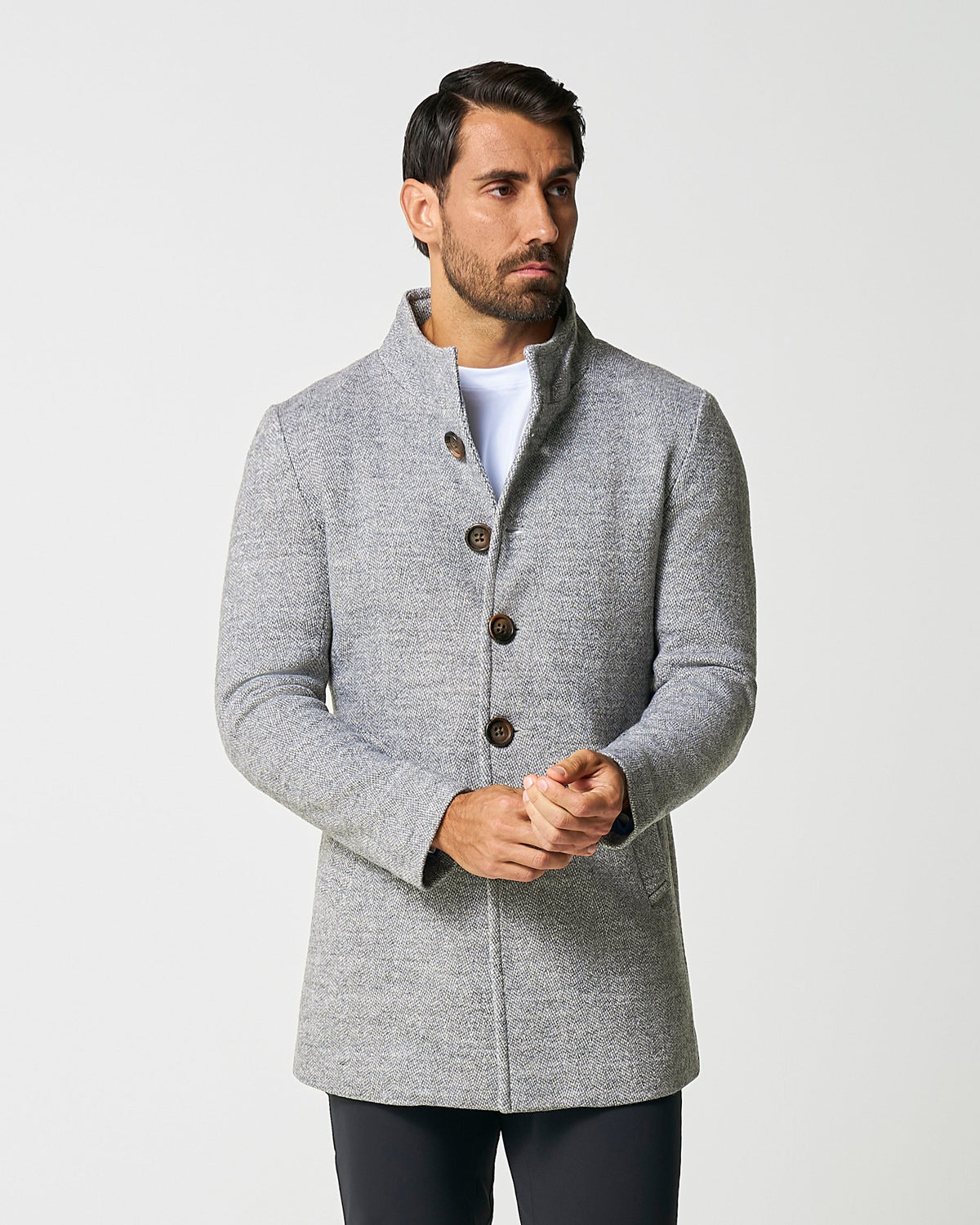 State & Liberty - Open Button Overcoat - Grey Herringbone