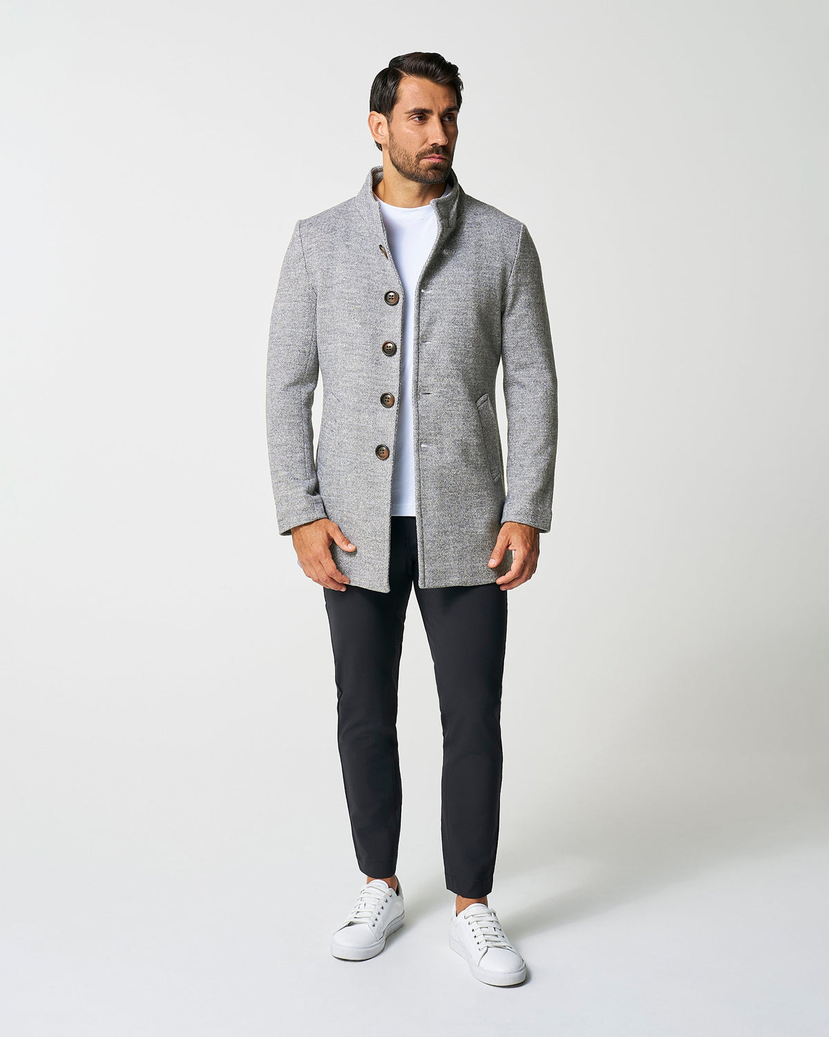 State & Liberty - Open Button Overcoat - Grey Herringbone