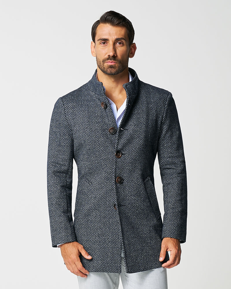 State & Liberty - Open Button Overcoat - Navy & Grey Chevron