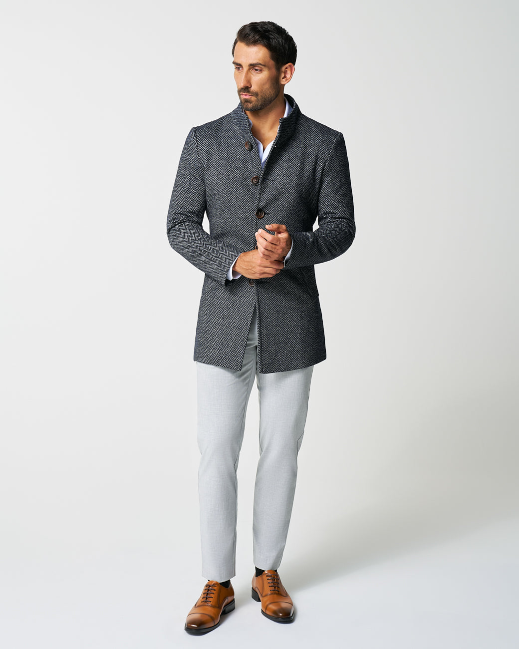 State & Liberty - Open Button Overcoat - Navy & Grey Chevron